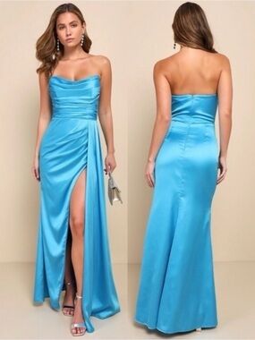 NWT Lulu’s Ethereal Excellence Teal Satin Pleated Strapless Maxi Dress M & XXL